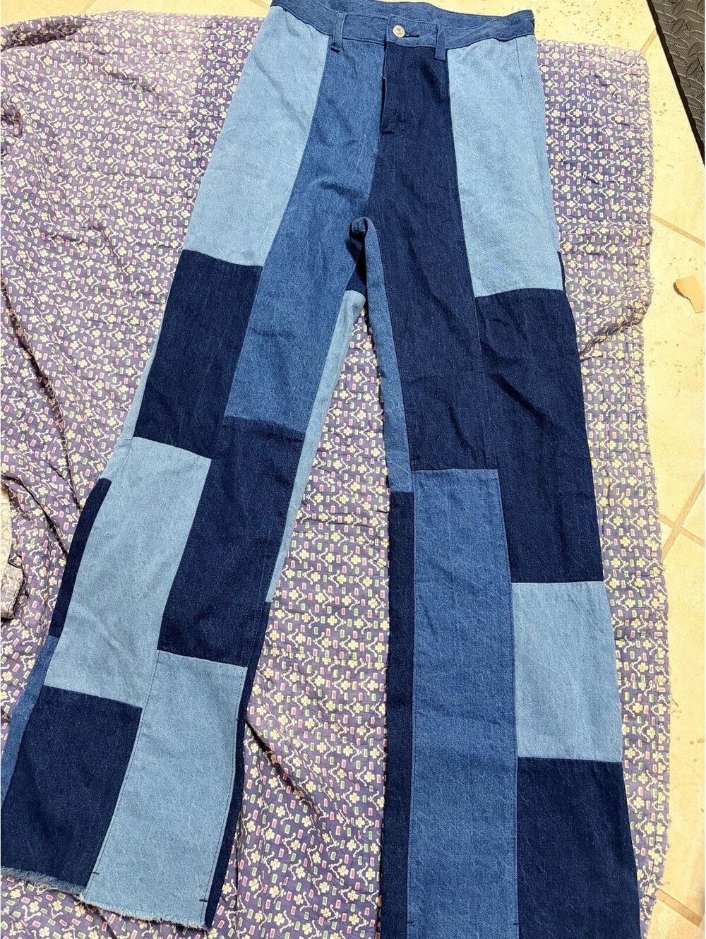Y2K Patchwork Denim Pants Blue Colorblock Straight Leg Jeans